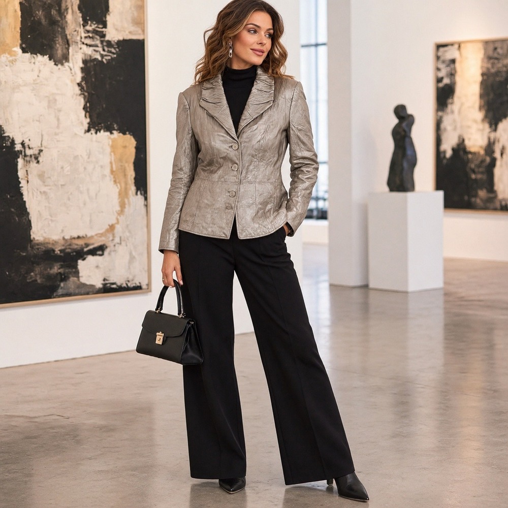 Bradley Bayou Womens XL Genuine Leather Silver Metallic Blazer Jacket